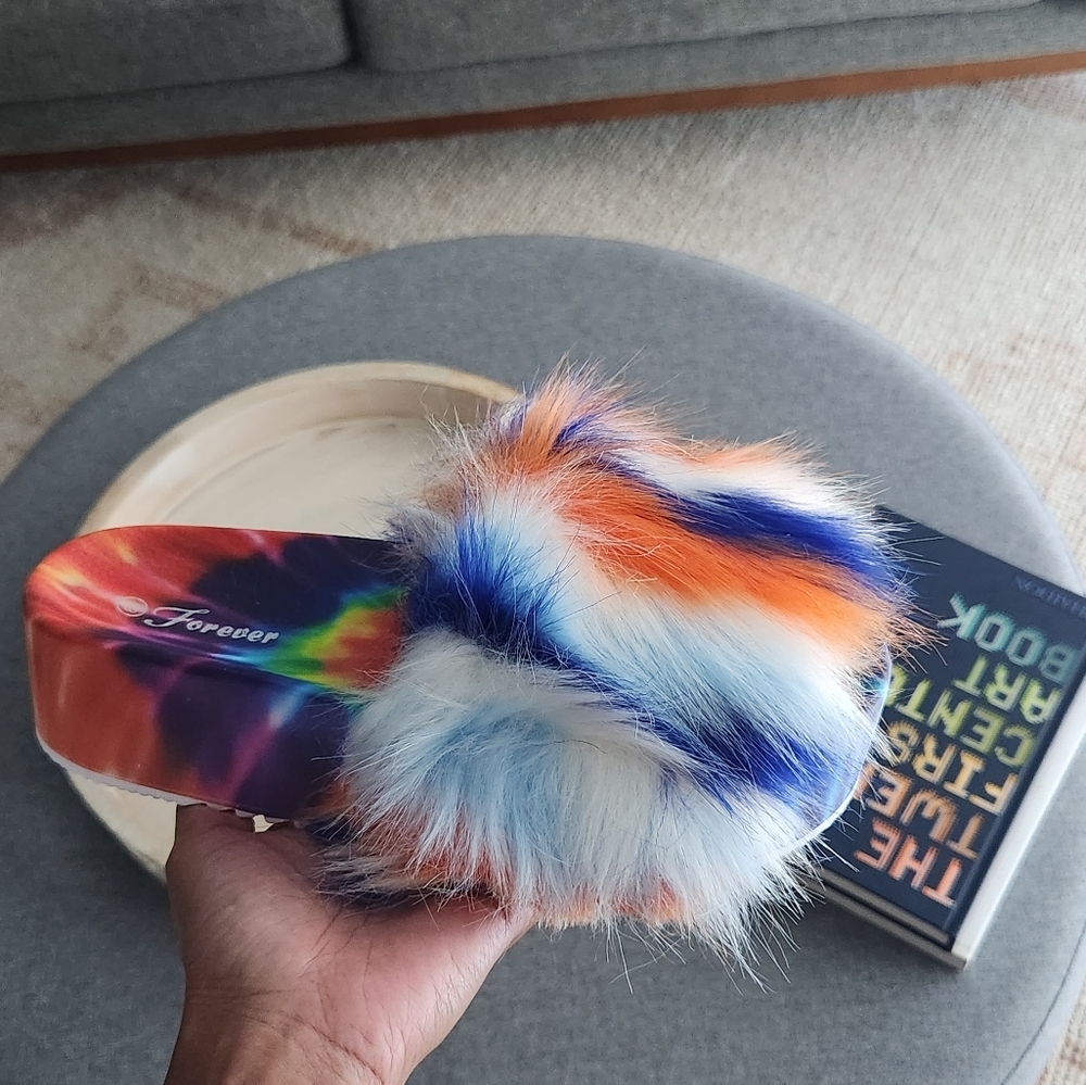 Faux Fur Tie Dye Platform Slides Blue Multi